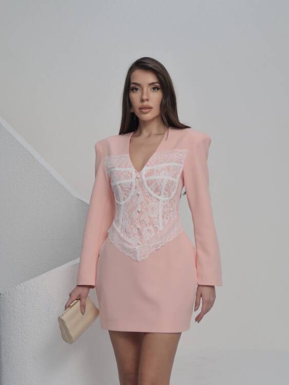 Ezra Dantel Detay Mini Elbise - Pembe - 5