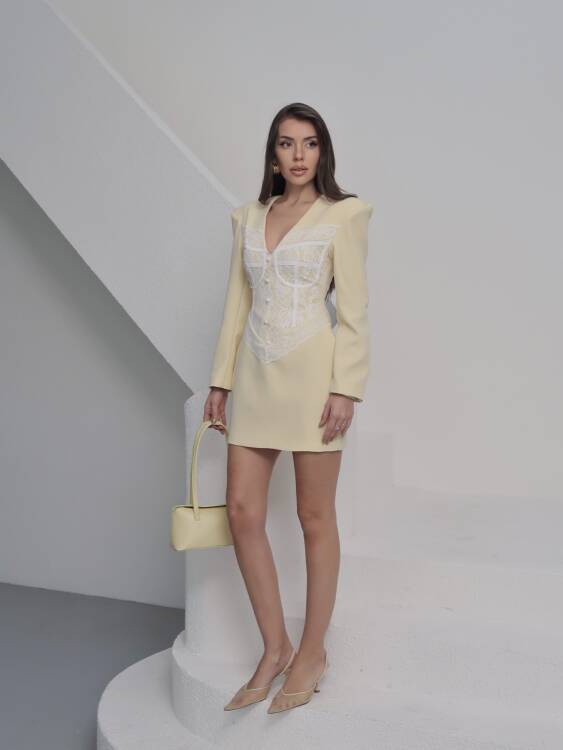 Ezra Dantel Detay Mini Elbise - Sarı - 2