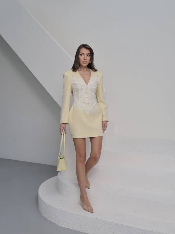 Ezra Dantel Detay Mini Elbise - Sarı - 4