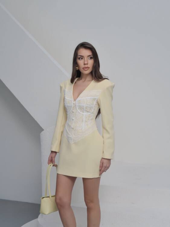 Ezra Dantel Detay Mini Elbise - Sarı - 5