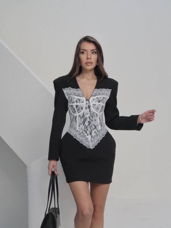 Ezra Dantel Detay Mini Elbise - Siyah - 5