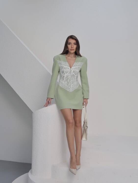 Ezra Dantel Detay Mini Elbise - Yeşil - 3