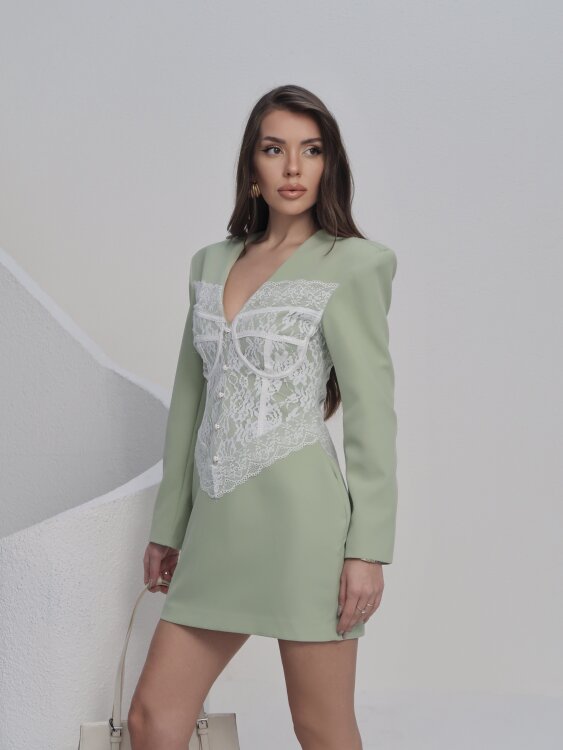 Ezra Dantel Detay Mini Elbise - Yeşil - 4