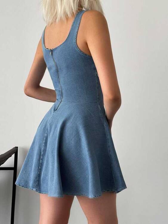 Farida Denim Elbise- Mavi - 2