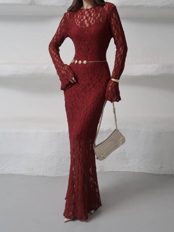 Galvin Maxi Elbise - Bordo - 4