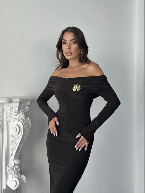Grace Broş Detaylı Elbise - Acı Kahve - 3