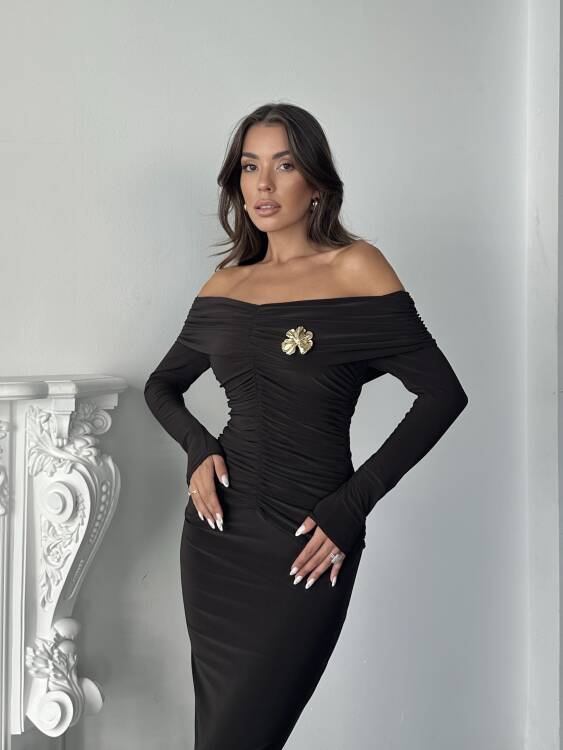Grace Broş Detaylı Elbise - Acı Kahve - 3