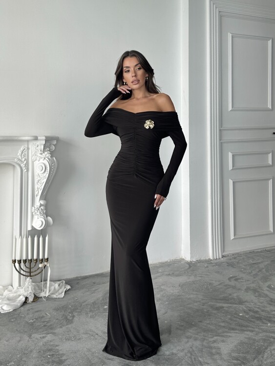 Grace Broş Detaylı Elbise - Acı Kahve - 1