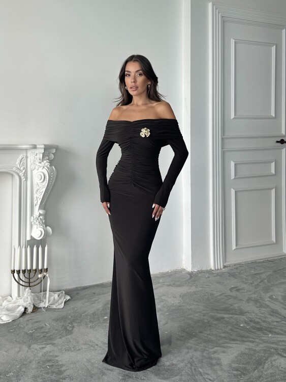 Grace Broş Detaylı Elbise - Acı Kahve - 4