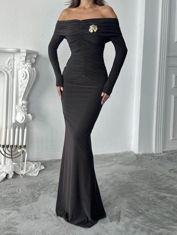 Grace Broş Detaylı Elbise - Acı Kahve - 5