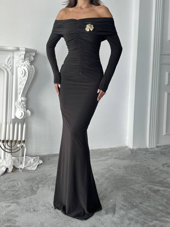Grace Broş Detaylı Elbise - Acı Kahve - 5