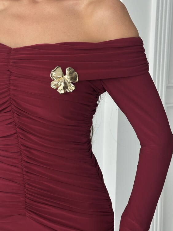 Grace Broş Detaylı Elbise - Bordo - 2