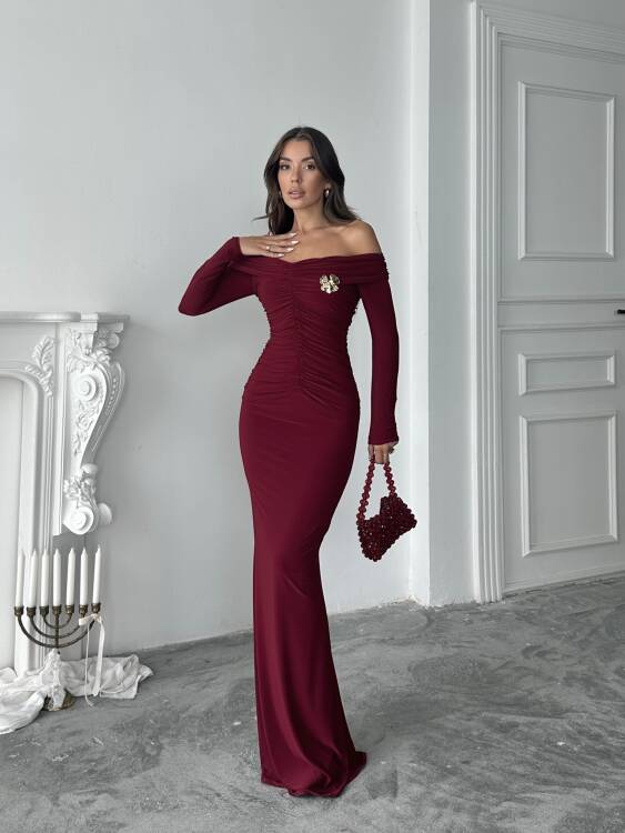 Grace Broş Detaylı Elbise - Bordo - 1