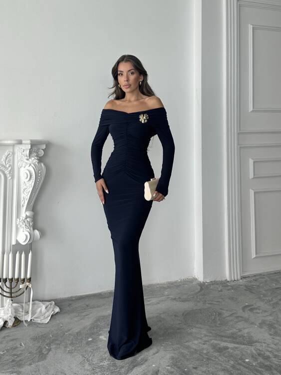 Grace Broş Detaylı Elbise - Lacivert - 1
