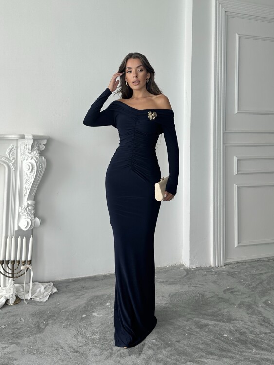 Grace Broş Detaylı Elbise - Lacivert - 6