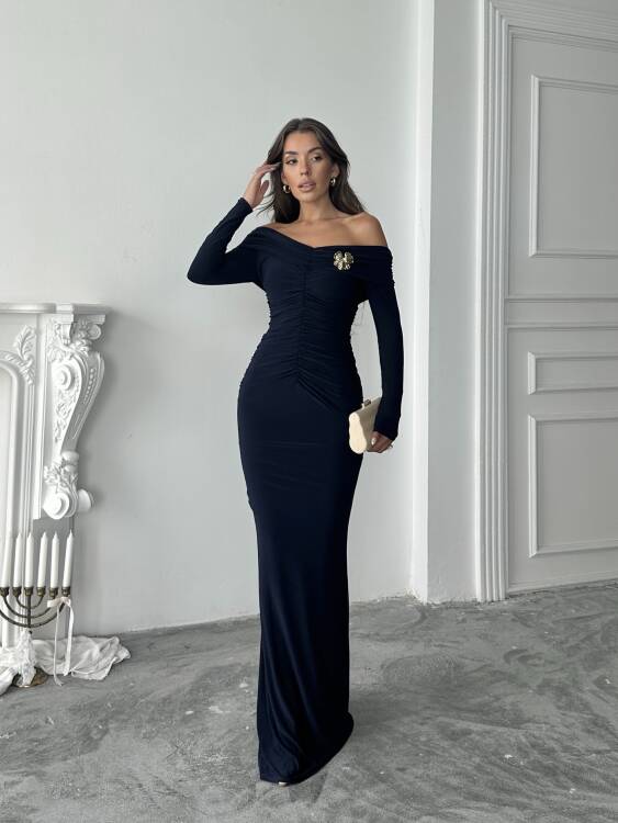Grace Broş Detaylı Elbise - Lacivert - 6