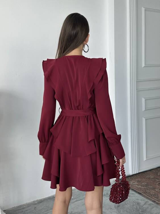 Hazel Kuşaklı Elbise - Bordo - 2