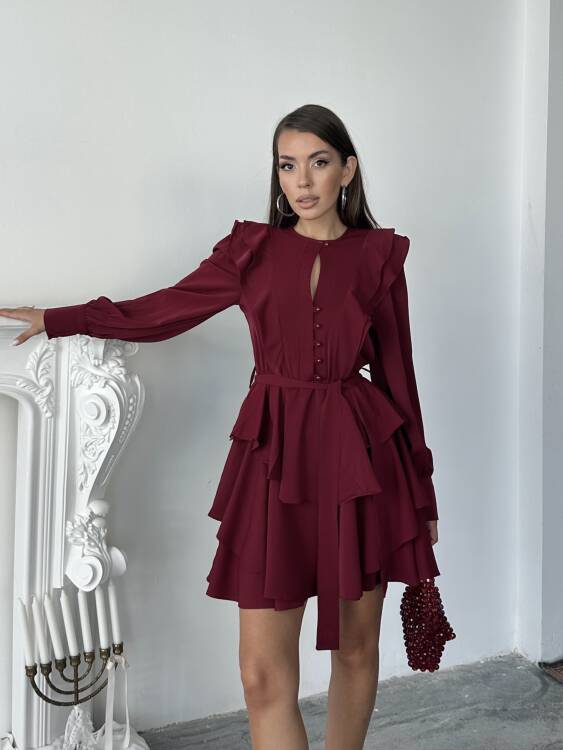 Hazel Kuşaklı Elbise - Bordo - 3