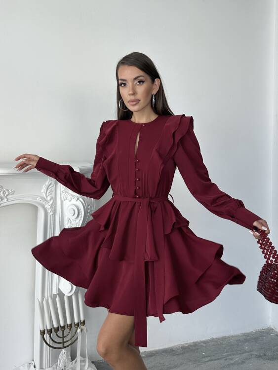 Hazel Kuşaklı Elbise - Bordo - 4