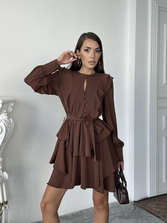 Hazel Kuşaklı Elbise - Kahverengi - 3