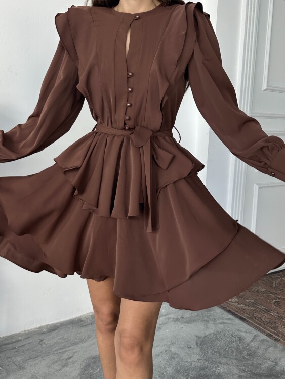 Hazel Kuşaklı Elbise - Kahverengi - 4