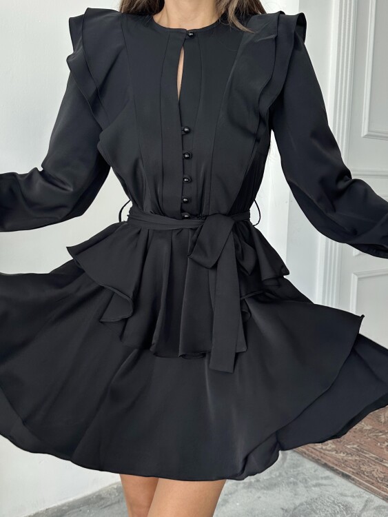 Hazel Kuşaklı Elbise - Siyah - 4