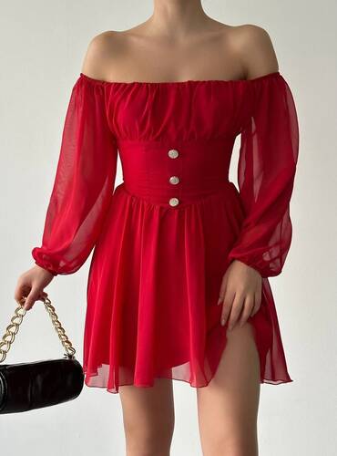 Heni Şifon Elbise- Kırmızı