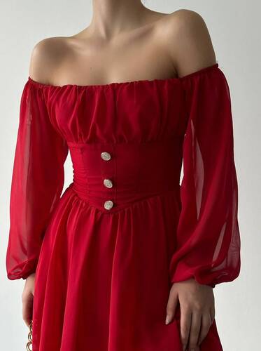 Heni Şifon Elbise- Kırmızı
