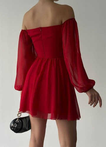 Heni Şifon Elbise- Kırmızı - Thumbnail