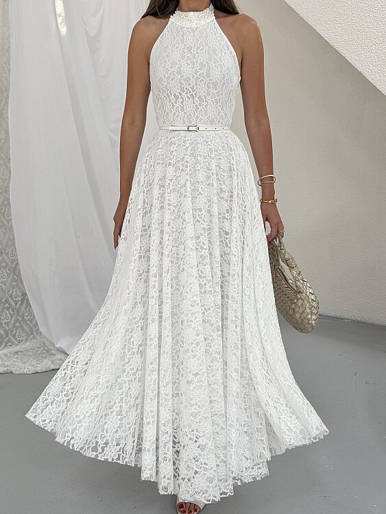 HOLLY Halter Yaka Elbise - Beyaz - 5