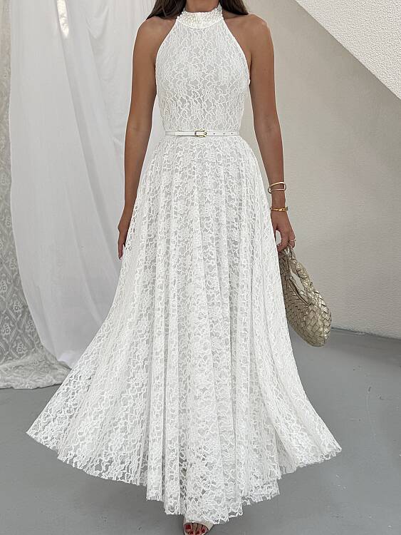 HOLLY Halter Yaka Elbise - Beyaz - 5