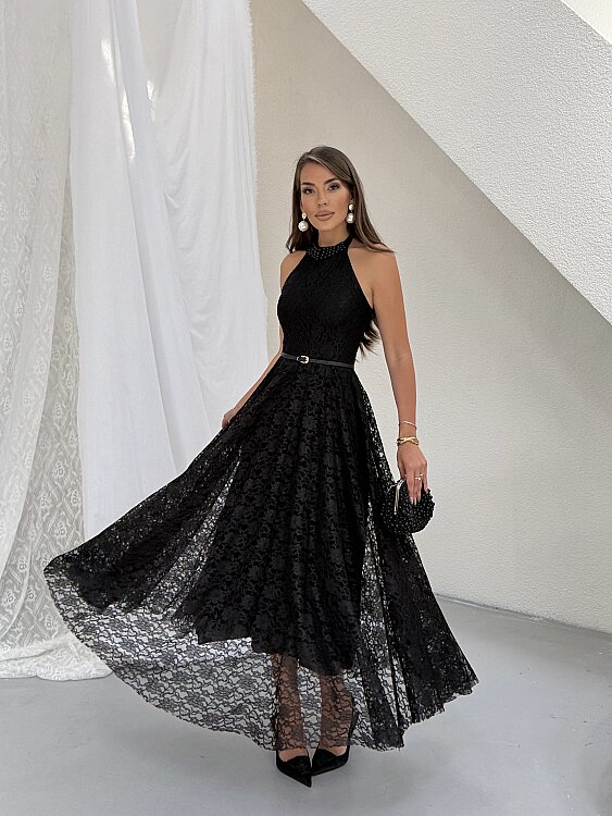 HOLLY Halter Yaka Elbise - Siyah - 4