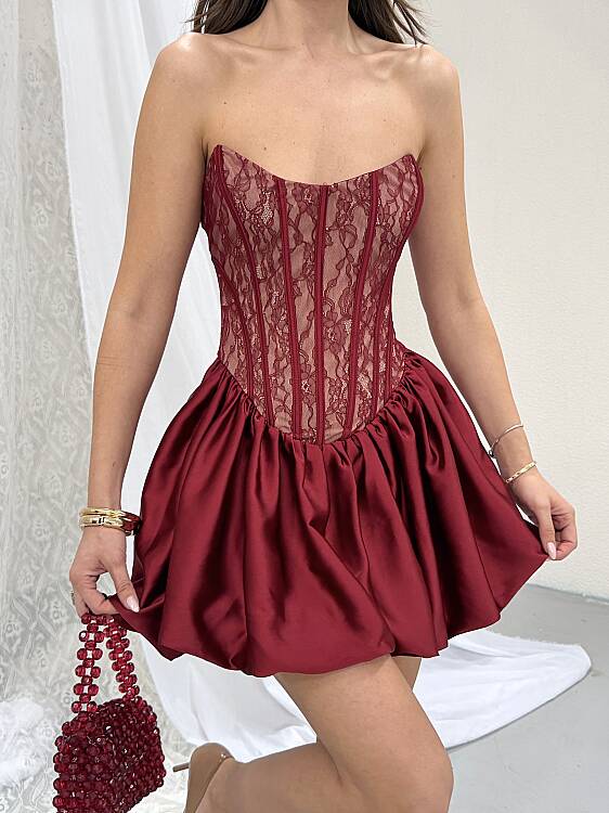 ILYA Mini Elbise - Bordo - 4