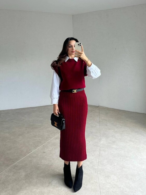 Jacop Süveter Etek Takım - Bordo - 3