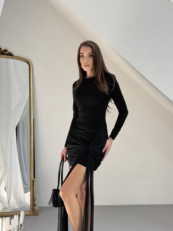 Javed Mini Tül Detay Elbise - Siyah - 4