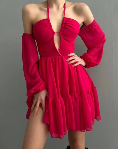 Lida Şifon Elbise - Fuşya