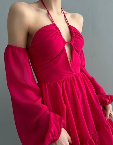 Lida Şifon Elbise - Fuşya - Thumbnail