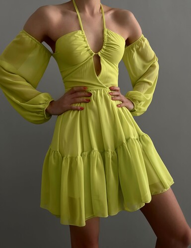 Lida Şifon Elbise - Sarı - Thumbnail