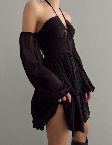Lida Şifon Elbise - Siyah - Thumbnail