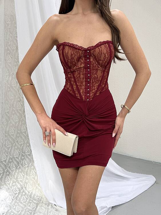 LILY Mini Elbise - Bordo - 2