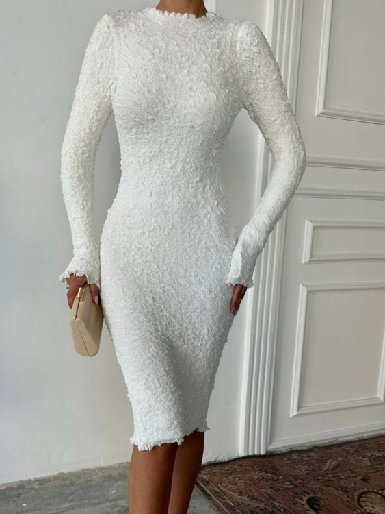 Liny Triko Elbise - Beyaz - 4