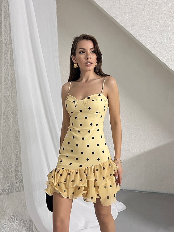 Lotus Puanlı Mini Elbise - Sarı - 3
