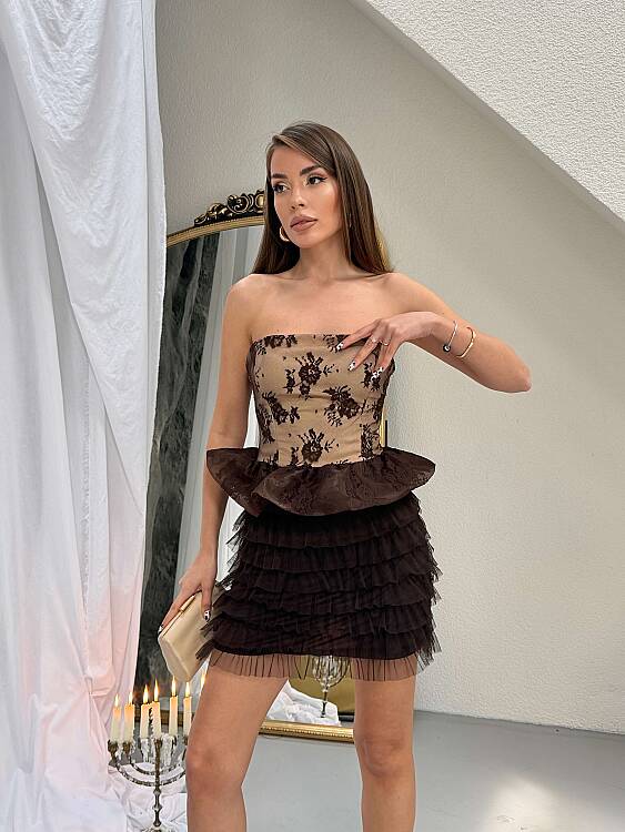 Magalie Mini Elbise - Acı Kahve - 1