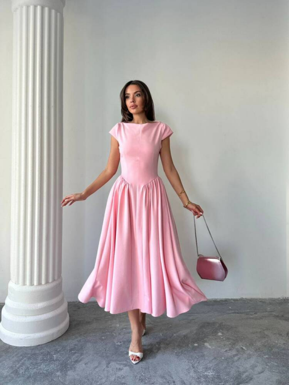 Magnolia Sırt Dekolteli Midi Elbise - Pembe - 2