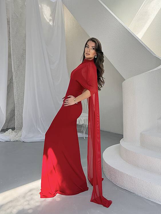 Maud Pelerin Detay Maxi Elbise - Kırmızı - 3