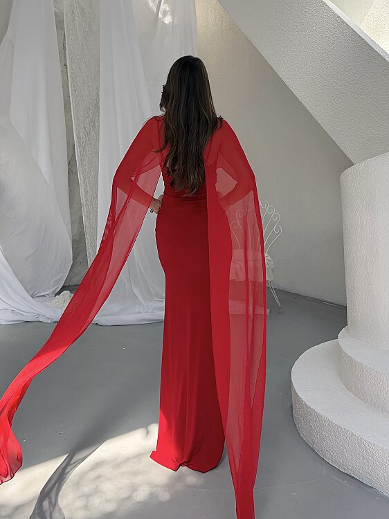 Maud Pelerin Detay Maxi Elbise - Kırmızı - 5