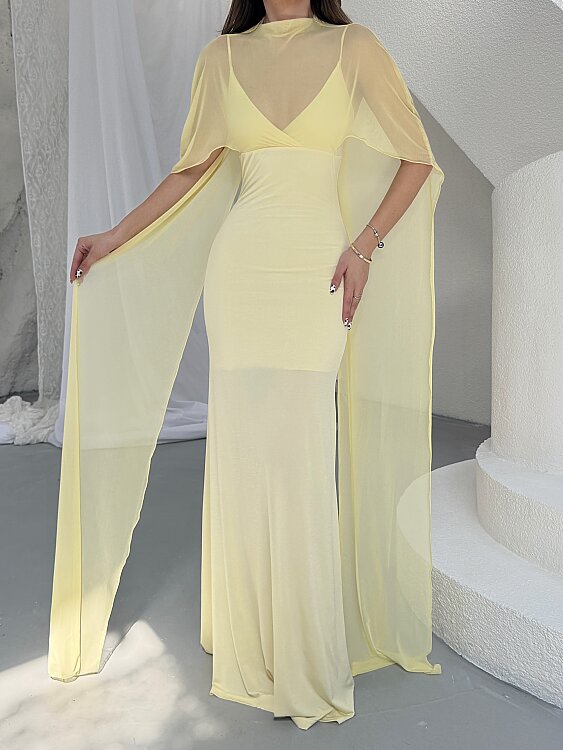 Maud Pelerin Detay Maxi Elbise - Sarı - 2