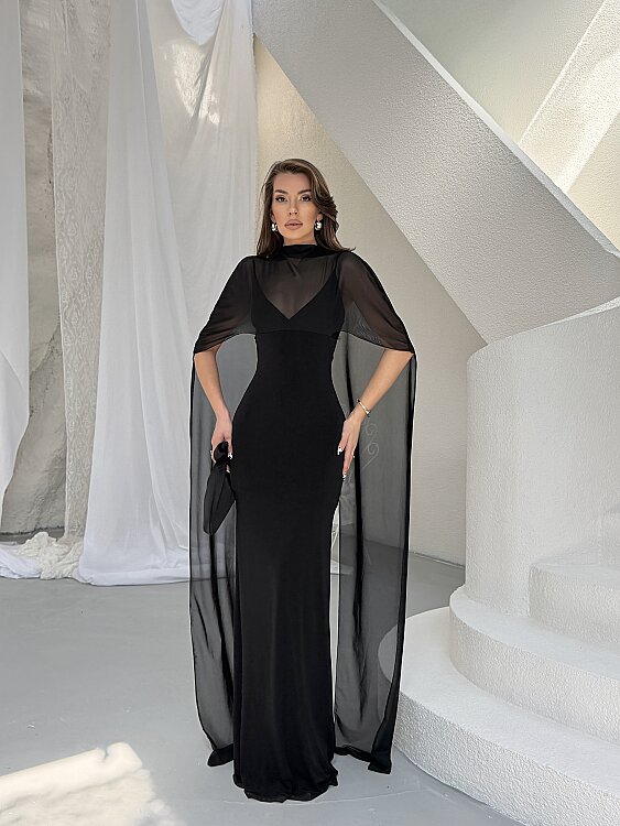 Maud Pelerin Detay Maxi Elbise - Siyah - 1
