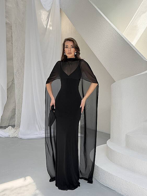 Maud Pelerin Detay Maxi Elbise - Siyah - 1