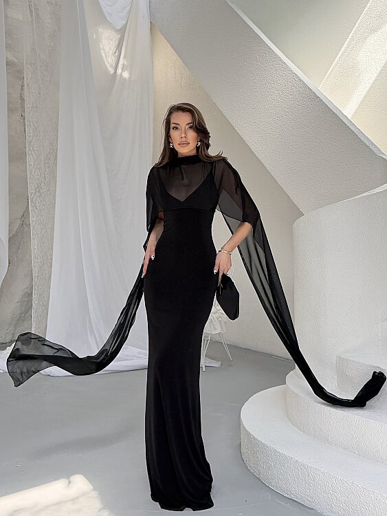 Maud Pelerin Detay Maxi Elbise - Siyah - 2